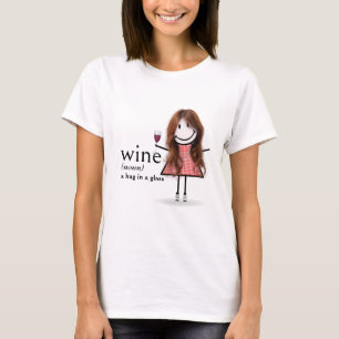 Stick figuur meisje met rode wijn glas t-shirt