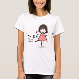 Stick figuur meisje met rode wijn glas t-shirt