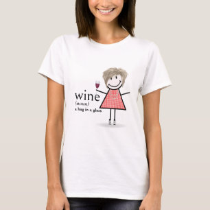 Stick figuur meisje met rode wijn glas t-shirt