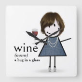 Stick figuur meisje met rode wijn vierkante klok (Voorkant)