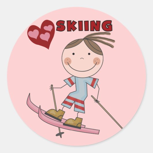 Stick Figuur Meisje Skier Tshirts en geschenken Ronde Sticker (Voorkant)