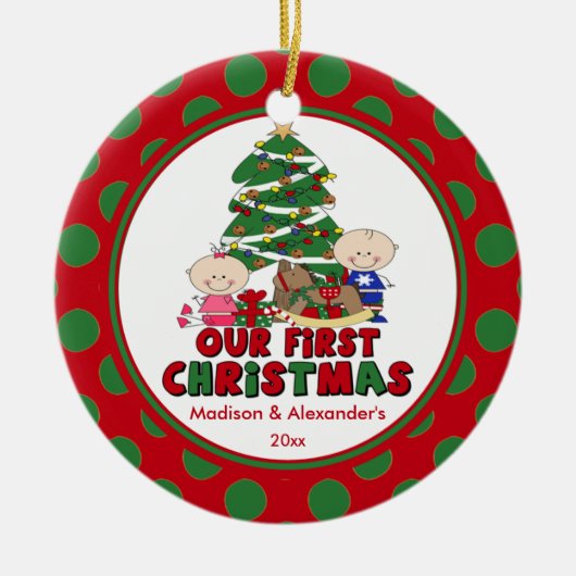 Stick Figuur Twins Baby's First Kerstversiering Keramisch Ornament (Voorkant)