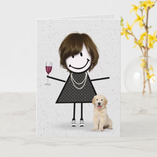 Stick Figuur vogelmeisje met hond Kaart (Gele Bloem)