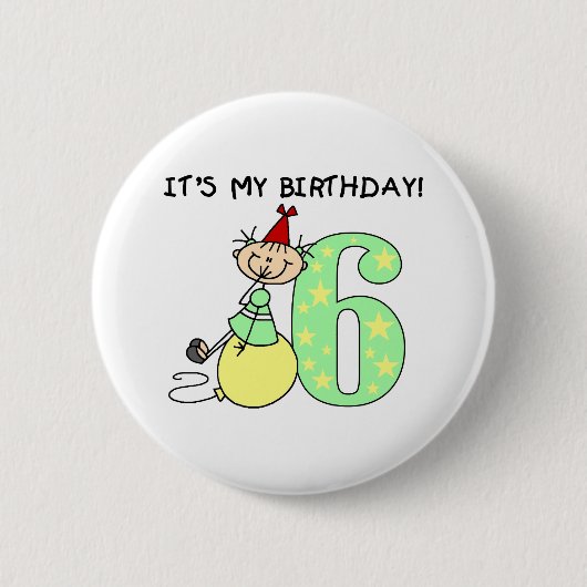 Stick Girl 6th Birthday Ronde Button 5,7 Cm (Voorkant)
