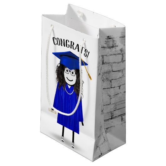 Stick Girl Afstuderen met Blue Pet en Diploma Klein Cadeauzakje (Voorkant Gekanteld)