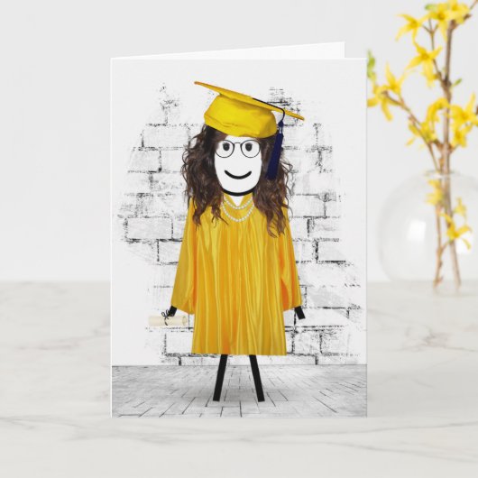Stick Girl Afstuderen met Diploma Kaart (Gele Bloem)