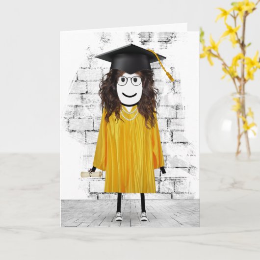 Stick Girl Afstuderen met Diploma Kaart (Gele Bloem)