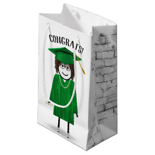 Stick Girl Afstuderen met Groen Pet en Diploma Klein Cadeauzakje