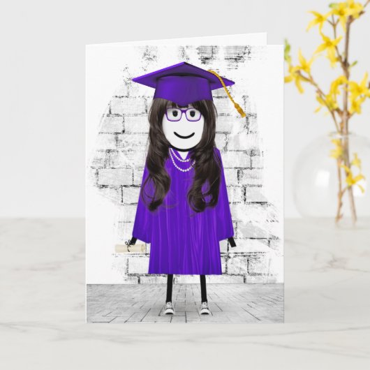 Stick Girl Afstuderen met Hair en Diploma Kaart (Gele Bloem)