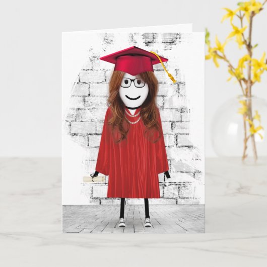 Stick Girl Afstuderen met Hair en Diploma Kaart (Gele Bloem)