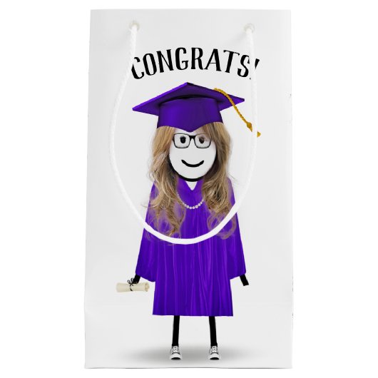 Stick Girl Afstuderen met Paars Pet en diploma Klein Cadeauzakje (Voorkant)