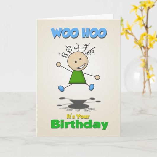 Stick Girl Birthday Kaart (Gele Bloem)