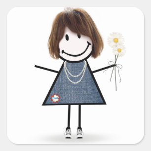 Stick Girl in Blue Jean Dress Vierkante Sticker
