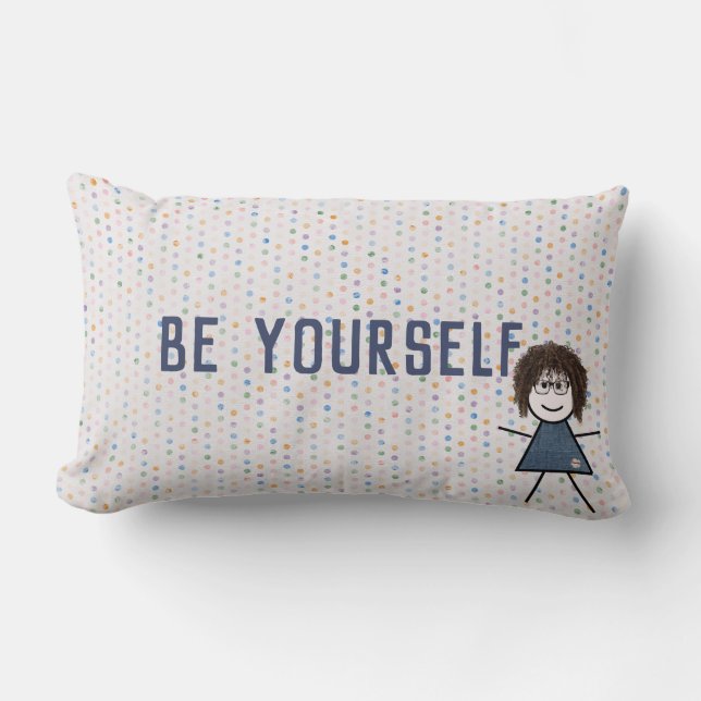 Stick Girl in Denim Dress met Quote Kussen (Voorkant)