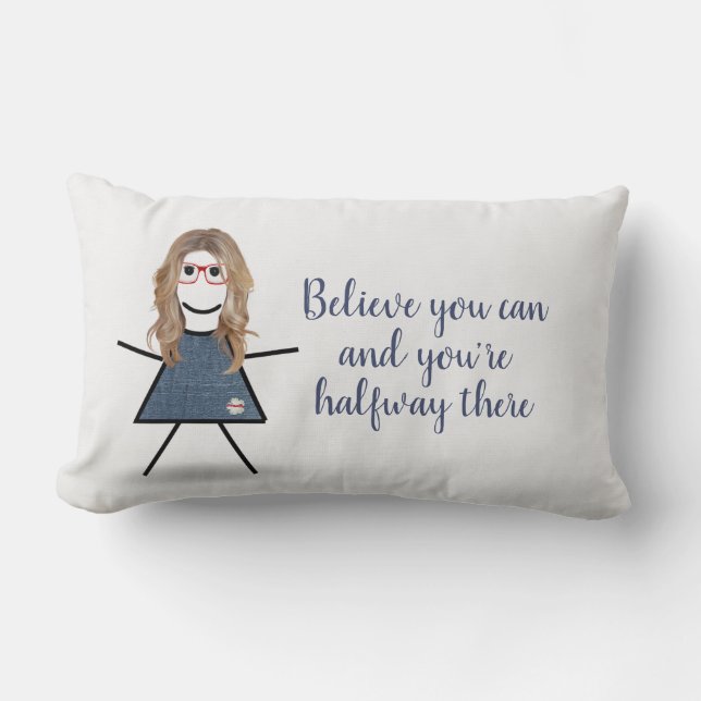 Stick Girl in Denim Dress met Quote Kussen (Voorkant)