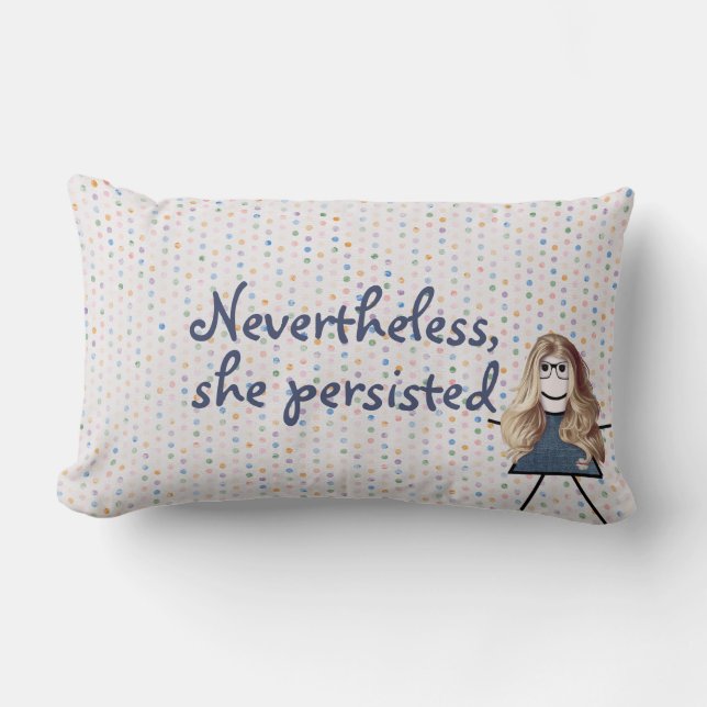 Stick Girl in Denim Dress met Quote Kussen (Voorkant)