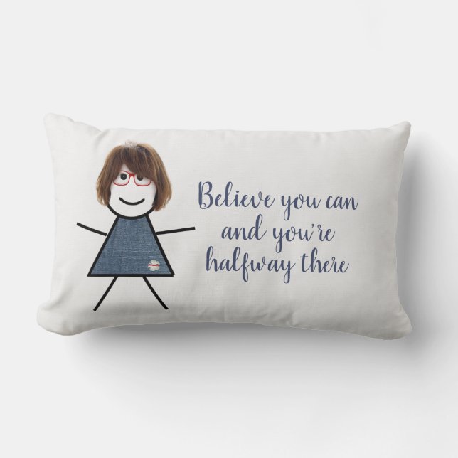 Stick Girl in Denim Dress met Quote Kussen (Voorkant)