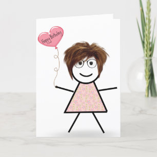Stick Girl met Birthday Heart ballon Kaart