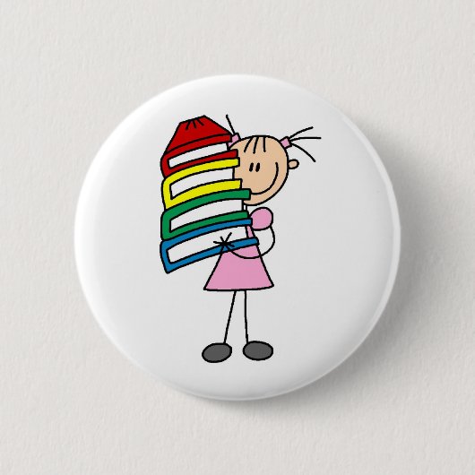 Stick Girl met Boeken Ronde Button 5,7 Cm (Voorkant)