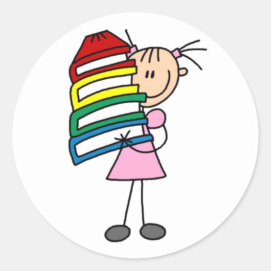 Stick Girl met boeken Ronde Sticker (Voorkant)