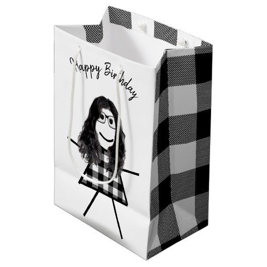 Stick Girl met Hair en Buffalo Pset Pattern Medium Cadeauzakje (Voorkant Gekanteld)