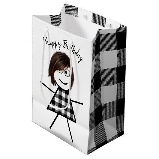Stick Girl met Hair en Buffalo Pset Pattern Medium Cadeauzakje (Voorkant Gekanteld)