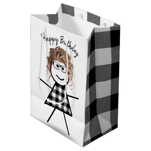 Stick Girl met Hair en Buffalo Pset Pattern Medium Cadeauzakje (Voorkant Gekanteld)