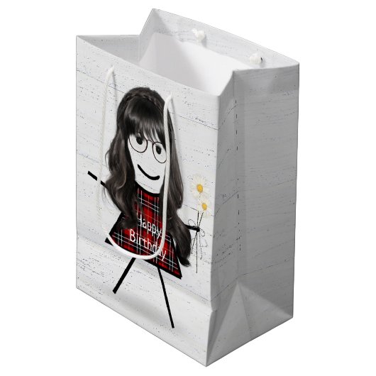 Stick Girl met Hair en Daisies Medium Cadeauzakje (Voorkant Gekanteld)