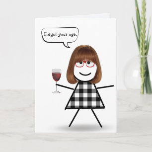 Stick Girl met Red Wine Belated Birthday Kaart