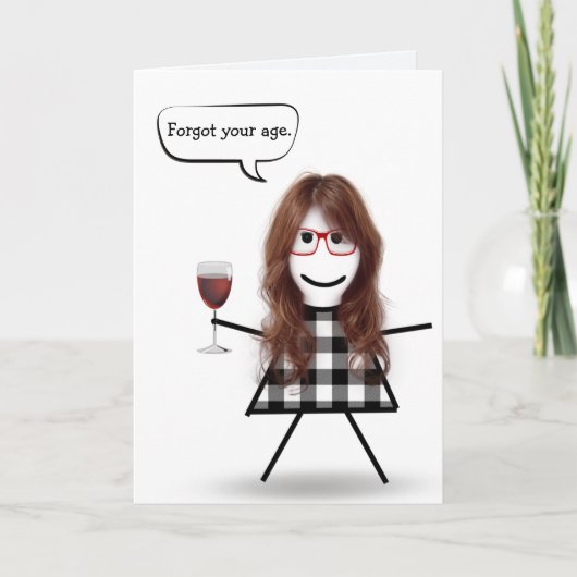 Stick Girl met Red Wine Belated Birthday Kaart (Voorkant)