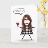 Stick Girl met Red Wine Belated Birthday Kaart (Gele Bloem)