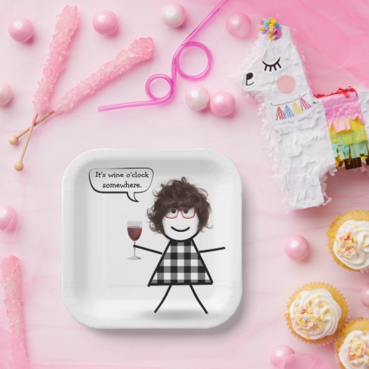 Stick Girl met Red Wine Party Humor Papieren Bordje (Feest)