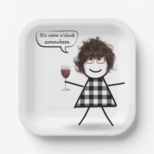 Stick Girl met Red Wine Party Humor Papieren Bordje (Voorkant)