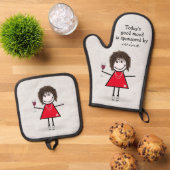 Stick Girl met wijn en Sneakers Ovenwant & Pannenlap Set (Top down)