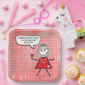 Stick Girl met wijnglas op gingham Papieren Bordje (Feest)