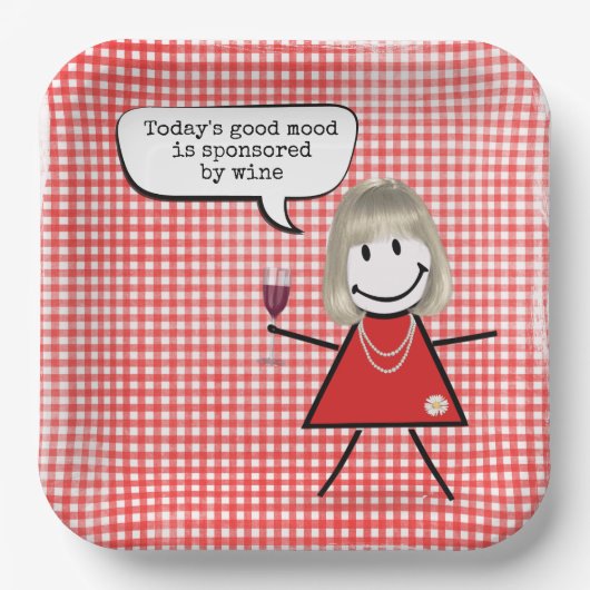 Stick Girl met wijnglas op gingham Papieren Bordje (Voorkant)