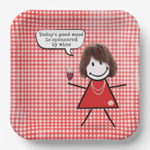 Stick Girl met wijnglas op gingham Papieren Bordje