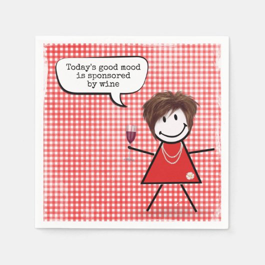 Stick Girl met wijnglas op gingham Servet (Voorkant)