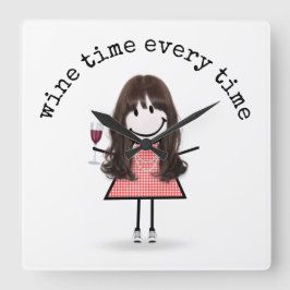 Stick Girl met wijnglas Vierkante Klok