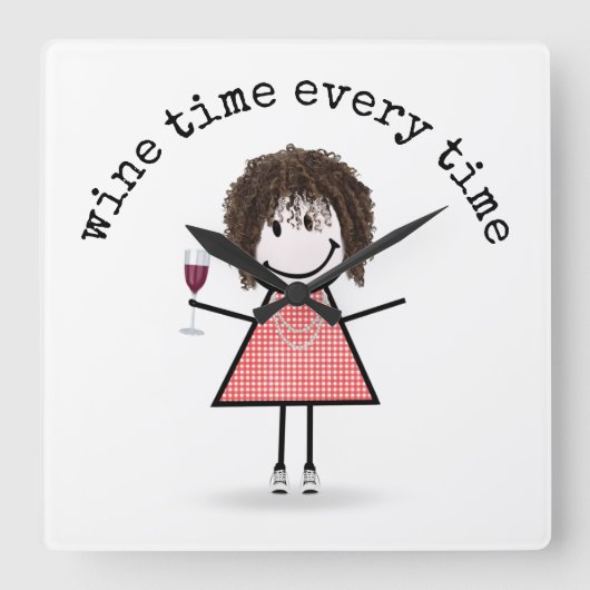 Stick Girl met wijnglas Vierkante Klok (Voorkant)