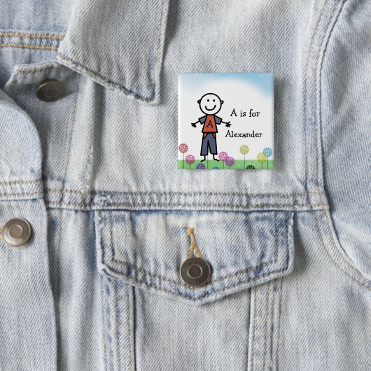 Stick Kinder Boy's Name Badge Button (In situ)