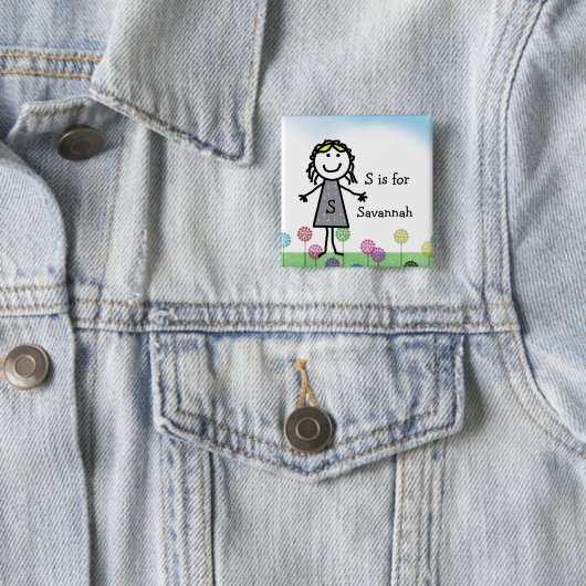 Stick Kinder Girl's Name Badge Button (In situ)