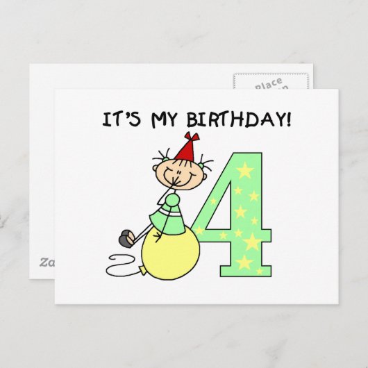 Stick Meisje 4e Verjaardag Tshirts en geschenken Briefkaart (Voorkant / Achterkant)