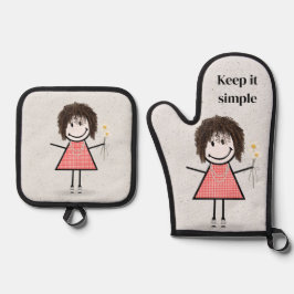 Stick meisje met madeliefjes en citaat ovenwant & pannenlap set