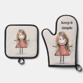 Stick meisje met madeliefjes en citaat ovenwant & pannenlap set (Voorkant)