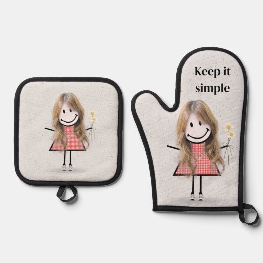 Stick meisje met madeliefjes en citaat ovenwant & pannenlap set (Voorkant)