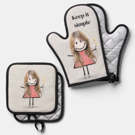 Stick meisje met madeliefjes en citaat ovenwant & pannenlap set