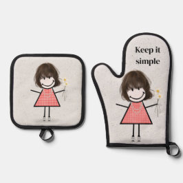 Stick meisje met madeliefjes en citaat ovenwant & pannenlap set