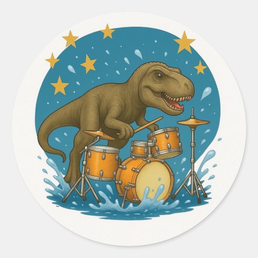 Sticker: Dinosaurus speelt drums met sterren Ronde Sticker (Voorkant)