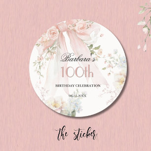 STICKER Elegante Roze Boog Bloemig 100ste Verjaard